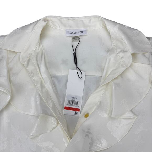 NWT CALVIN KLEIN Floral Ruffle Flutter Sleeves Button Up Top Sz XS Ivory White - Picture 4 of 6